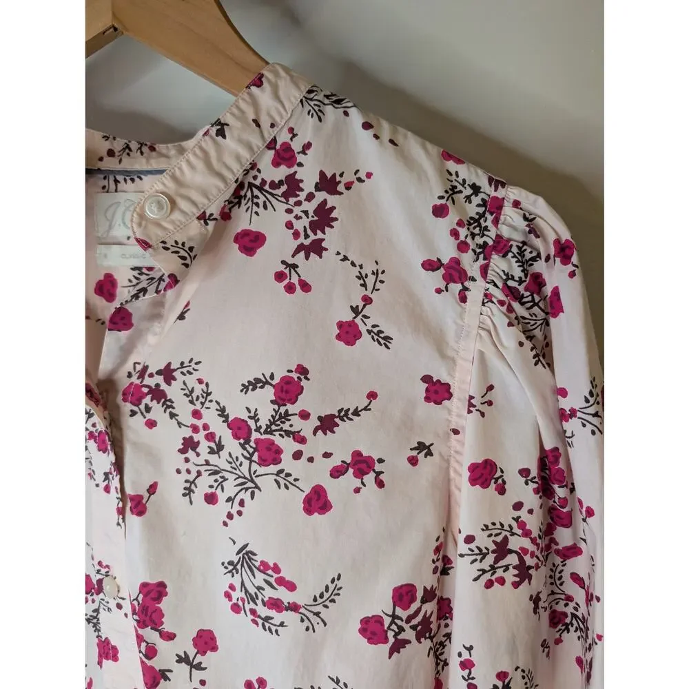 J.Crew Collarless Puff Sleeve Shirt Budding Floral Blush Pink Size 8